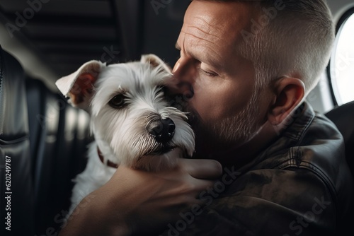Older man with fear of flying worried sitting in an airplane seat hugging his emotional support dog. Concept of support animals. photo