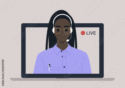 Live streaming event, Young female African blogger holding a live streaming online event, a website interface