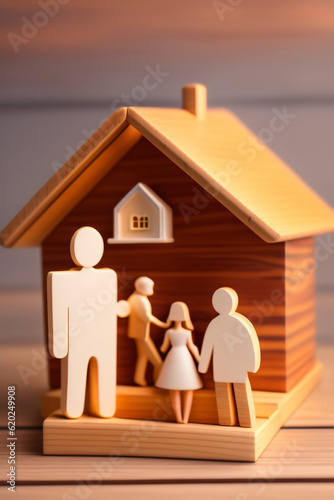Happy family at home sweet home wooden figurine model on table top background. People lifestyles and Relationships in love concept.
