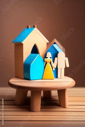 Happy family at home sweet home wooden figurine model on table top background. People lifestyles and Relationships in love concept.
