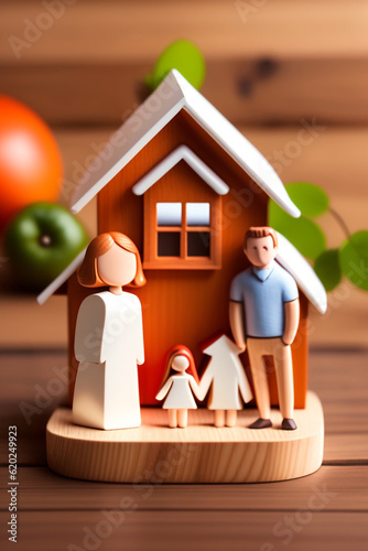 Happy family at home sweet home wooden figurine model on table top background. People lifestyles and Relationships in love concept.
