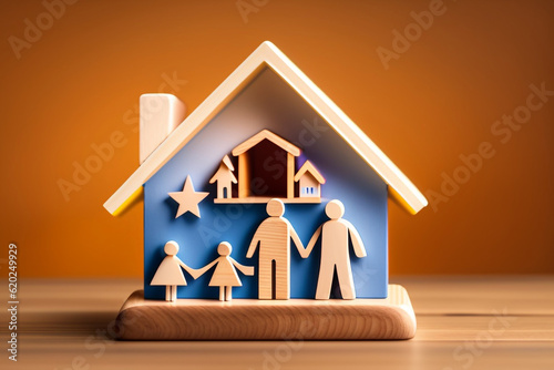Happy family at home sweet home wooden figurine model on table top background. People lifestyles and Relationships in love concept.
