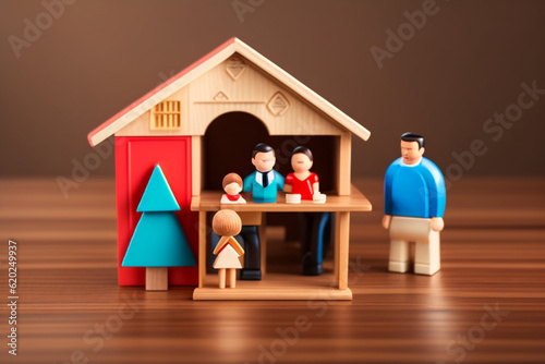 Happy family at home sweet home wooden figurine model on table top background. People lifestyles and Relationships in love concept.
