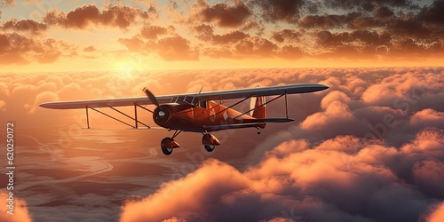 Generative AI. Plane flying in sky among the clouds at sunset. Travelling concept.