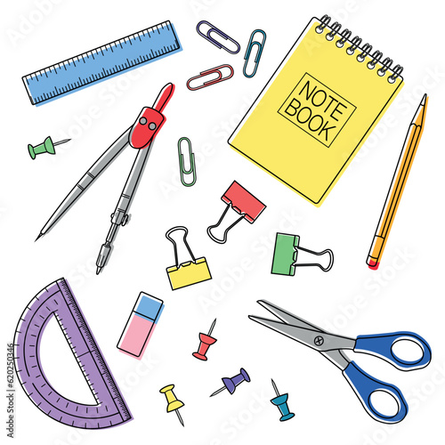 school supplies scissors ruler compasses buttons paperclips pencil protractor clothespins notepad notebook school college education kit elements september october top view vector illustration 