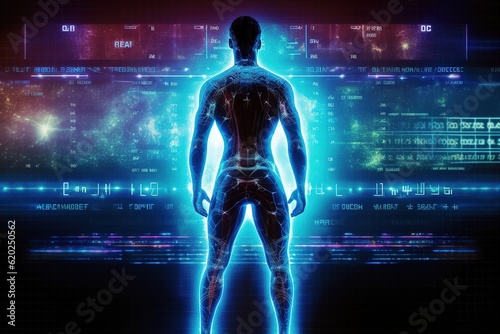 A futuristic young male soccer player hologram playing with a soccer ball. Generative ai	