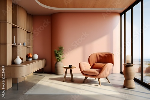 interior design, Terra cotta armchair in bright apartment. Interior design of modern living room © SEUNGJIN