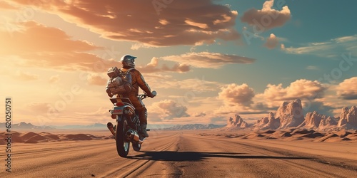 AI Generated. AI Generative. Desert sand road mountain bike motorcycle cross futuristic. Adventure trip road move vibe. Graphic Art © AkimD