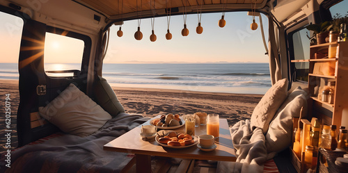 Beach scene seen by camper inside the camper van at sunset. AI generated