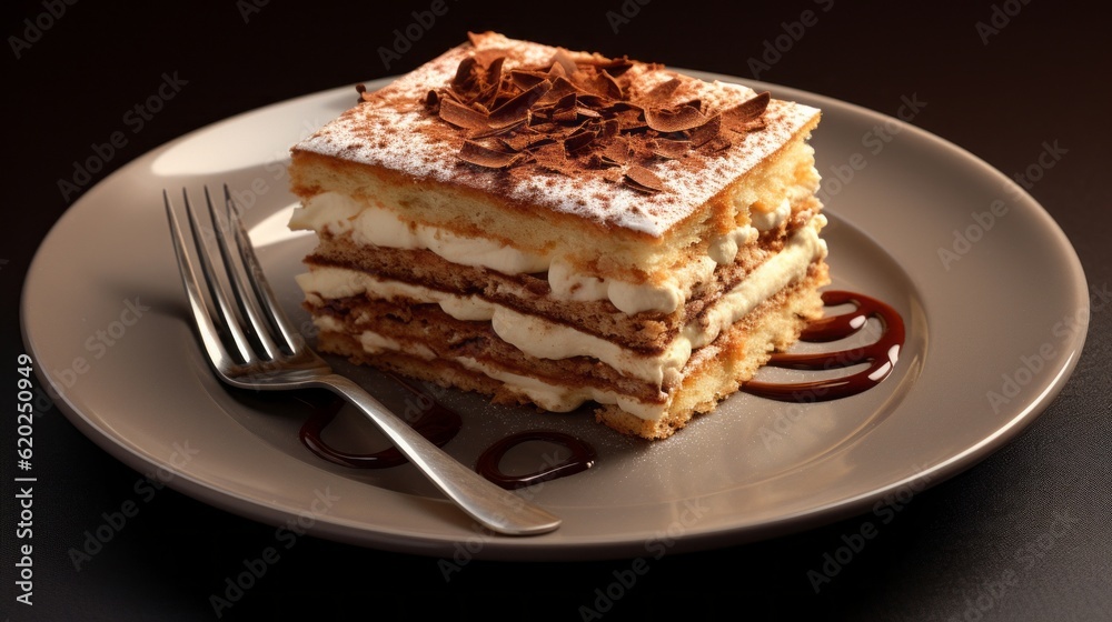 Traditional food photography - Italian tiramisu cake on plate, on dark black table background (Generative Ai) Traditional food photography - Italian tiramisu cake on plate, on dark black table background (Generative Ai)