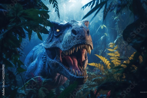 A realistic t-rex tyrannosaurus Rex hidden in the jungle at night. Concept: Ancient and extincted predator hunting in its habitat. Realistic image. Generative ai