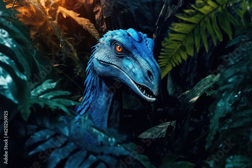 A realistic velociraptor hidden in the jungle at night. Concept  Ancient and extincted predator hunting in its habitat. Realistic image. Generative ai