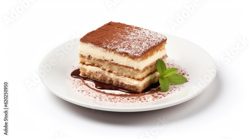 Traditional food photography - Italian tiramisu cake on plate, isolated on white background (Generative Ai)