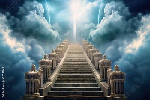 Stairs to heaven. Concept: Christian religious belief of going to heaven when you pass way. Generative ai	
