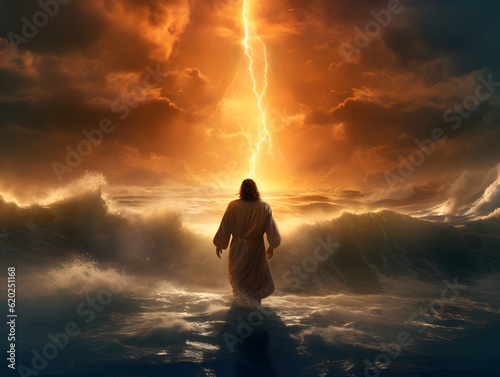 Jesus Christ walking on water during storm at sunset. AI generated