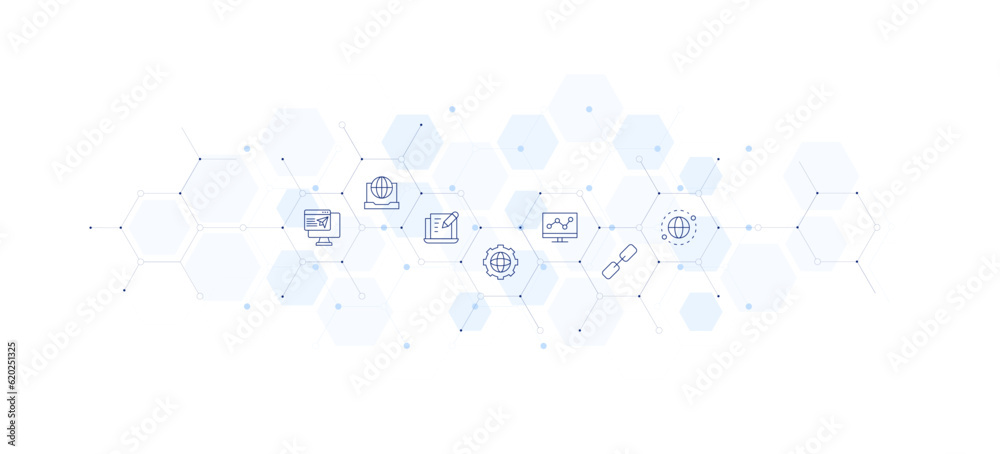 Seo banner vector illustration. Style of icon between. Containing landing page, laptop, world grid, line graph, link, localization.