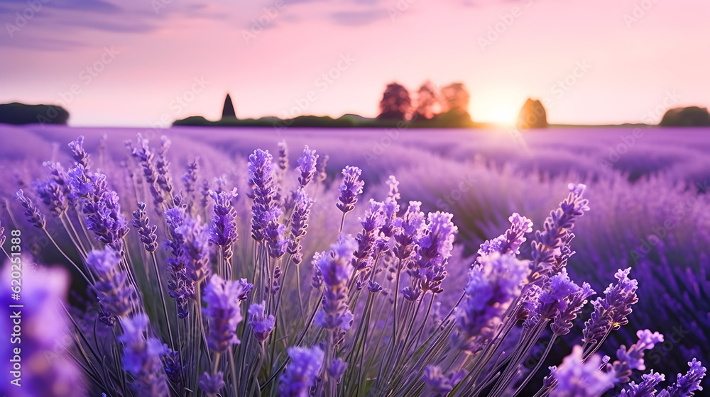 French lavender flowers field at sunset. AI generated - obrazy, fototapety, plakaty 