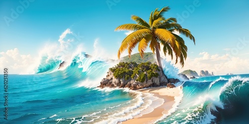 Palm tree on the shore in turquoise sea waves.