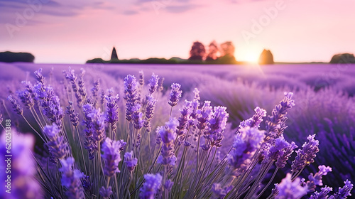 French lavender flowers field at sunset. AI generated photo