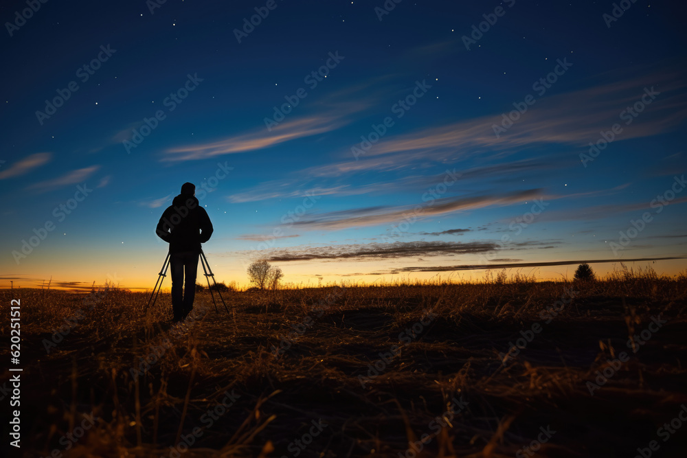 Capturing the Magic: Silhouette of a Photographer with a Tripod Photographing the Evening Dusk and Mesmerizing Sunset

