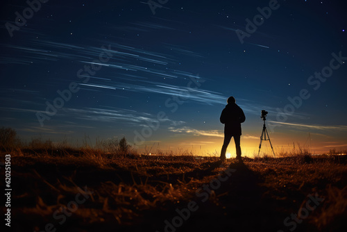 Capturing the Magic: Silhouette of a Photographer with a Tripod Photographing the Evening Dusk and Mesmerizing Sunset