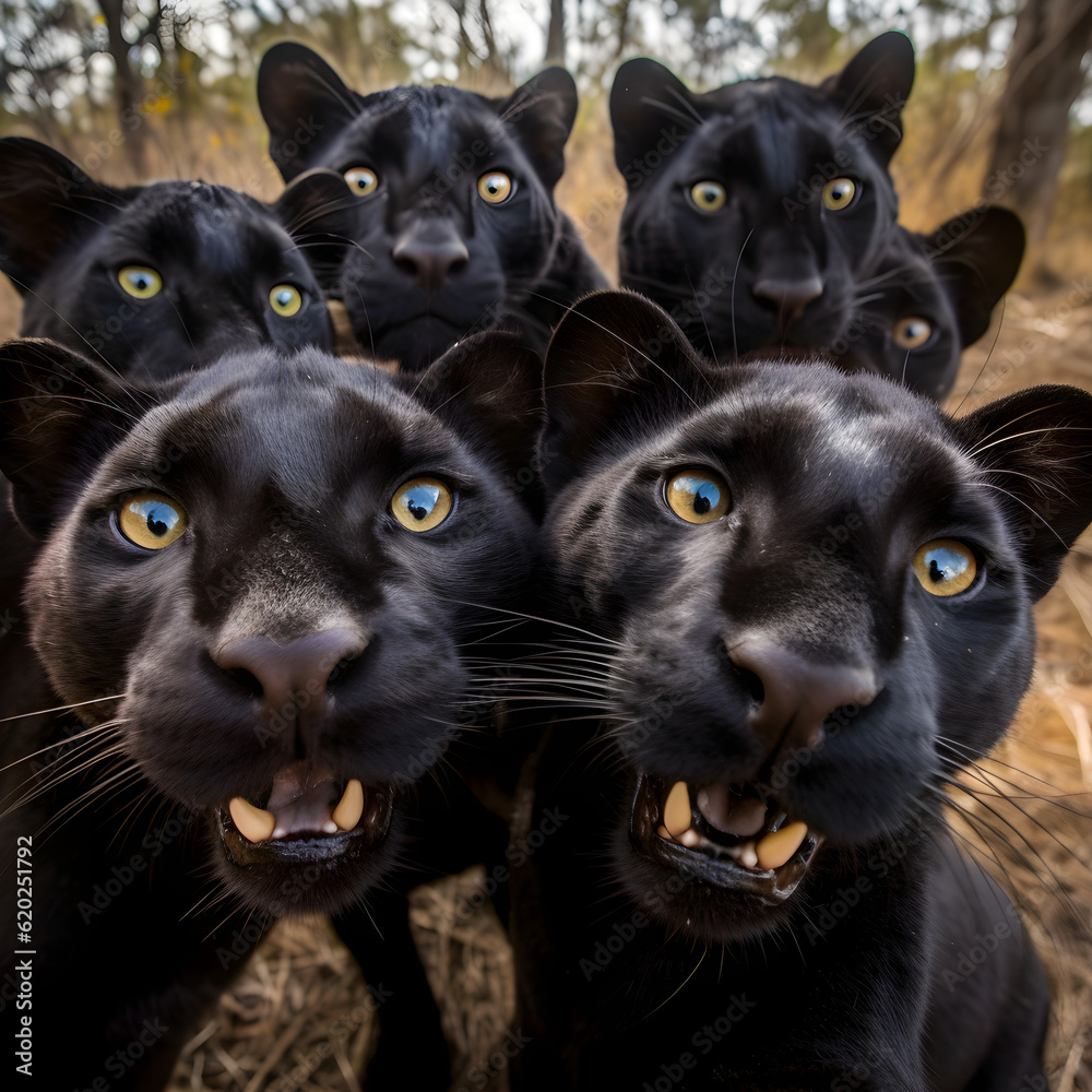Black panthers group looking in the camera close up. Generative AI