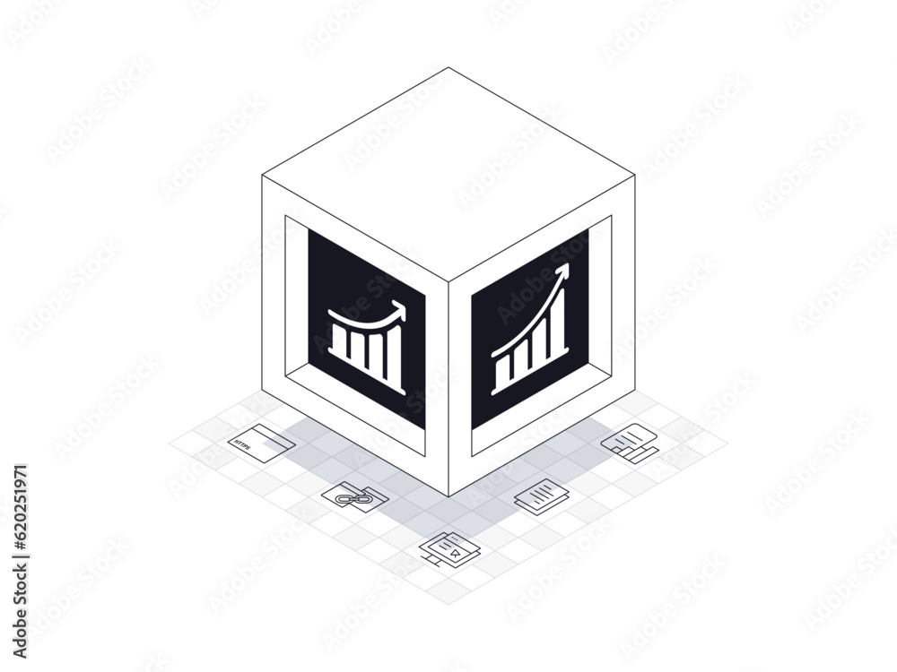 Seo box illustration in isometric style. Background is seo line icons containing globe, goal, graph, hierarchy, high performance, seo.