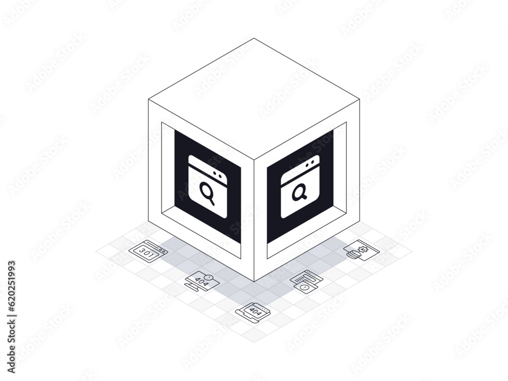 Seo box illustration in isometric style. Background is seo line icons containing error, adware, ai, search.