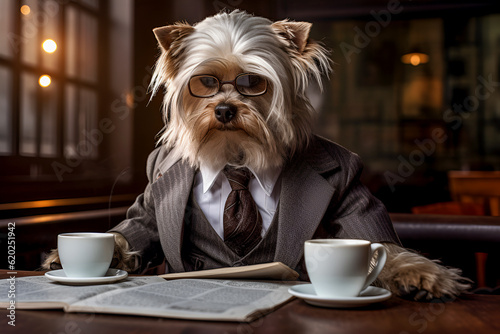 Generative AI. Humanised animals concept. funny character personage. humanized dog in suit sitting in cafe with newspaper like businessman