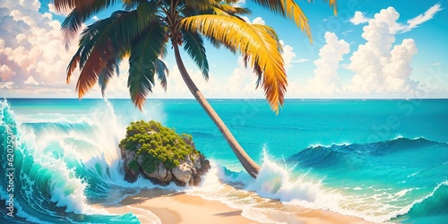 Palm tree on the shore in turquoise sea waves.
