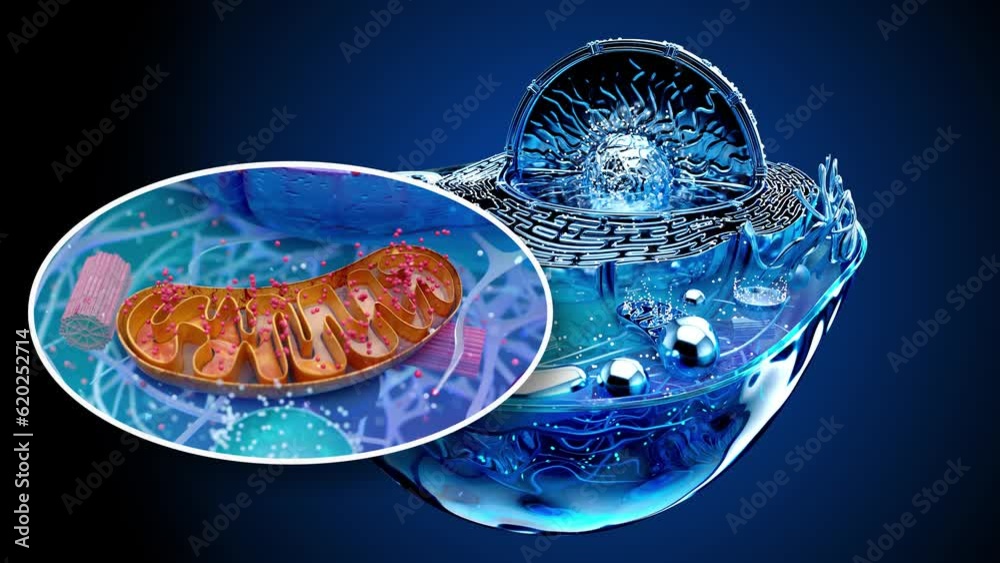 4K abstract animation of the biological cell and the mitochondria