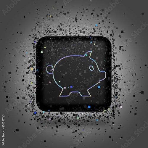 The piggy bank icon. A square 3d symbol in the form of a holographic image on a black cube made of a vortex of particles. 3d rendering. Icon design, 3000x3000 pixels