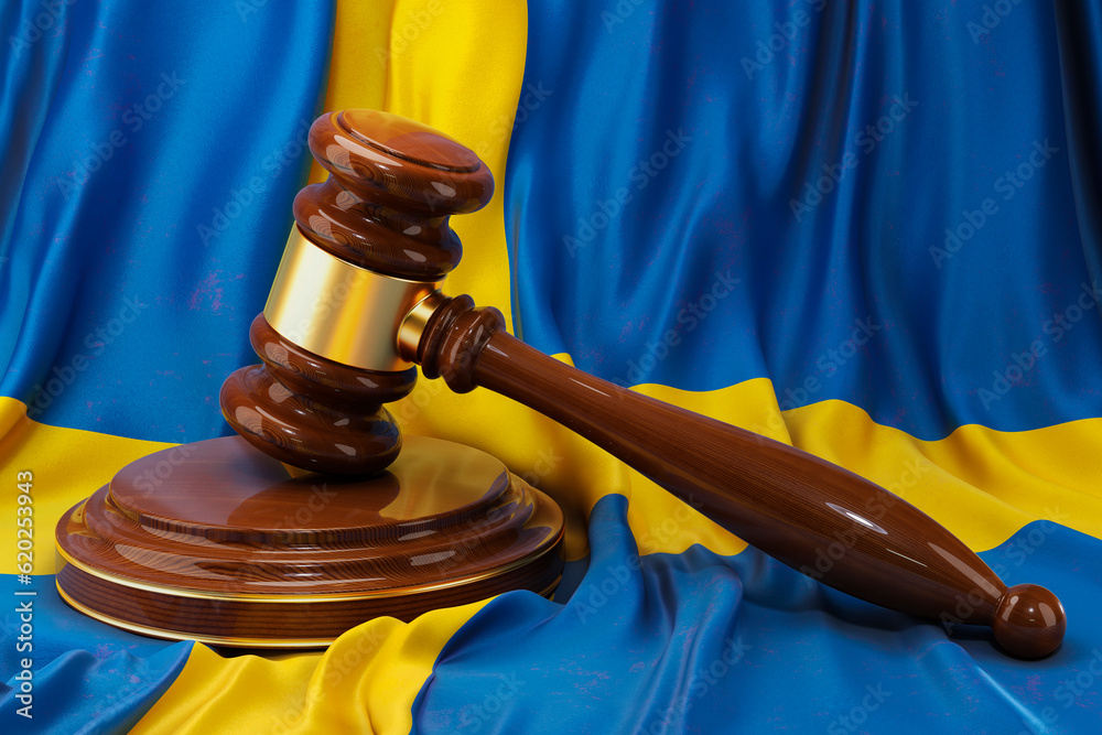 Swedish law and justice concept. Wooden gavel on flag of Sweden, 3D rendering