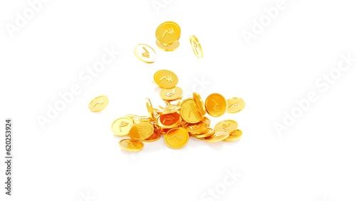3D animated video of golden coins with Rupee symbol falling on the ground