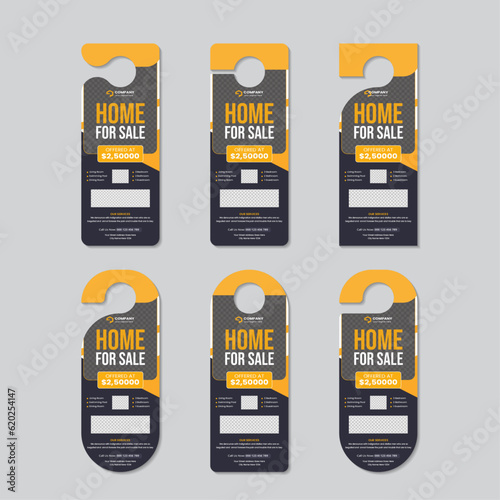 Real estate agency modern business door hanger template with 6 different cutting style