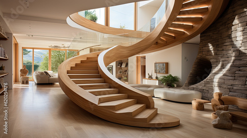 a designer wooden staircase in a luxury villa. Generative AI