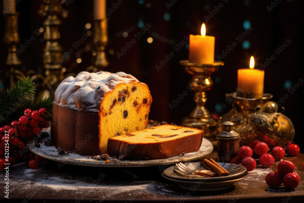 Traditional panettone with christmas decoration on wooden table. typical christmas dessert