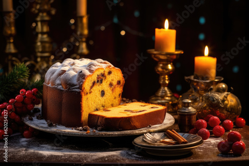 Traditional panettone with christmas decoration on wooden table. typical christmas dessert