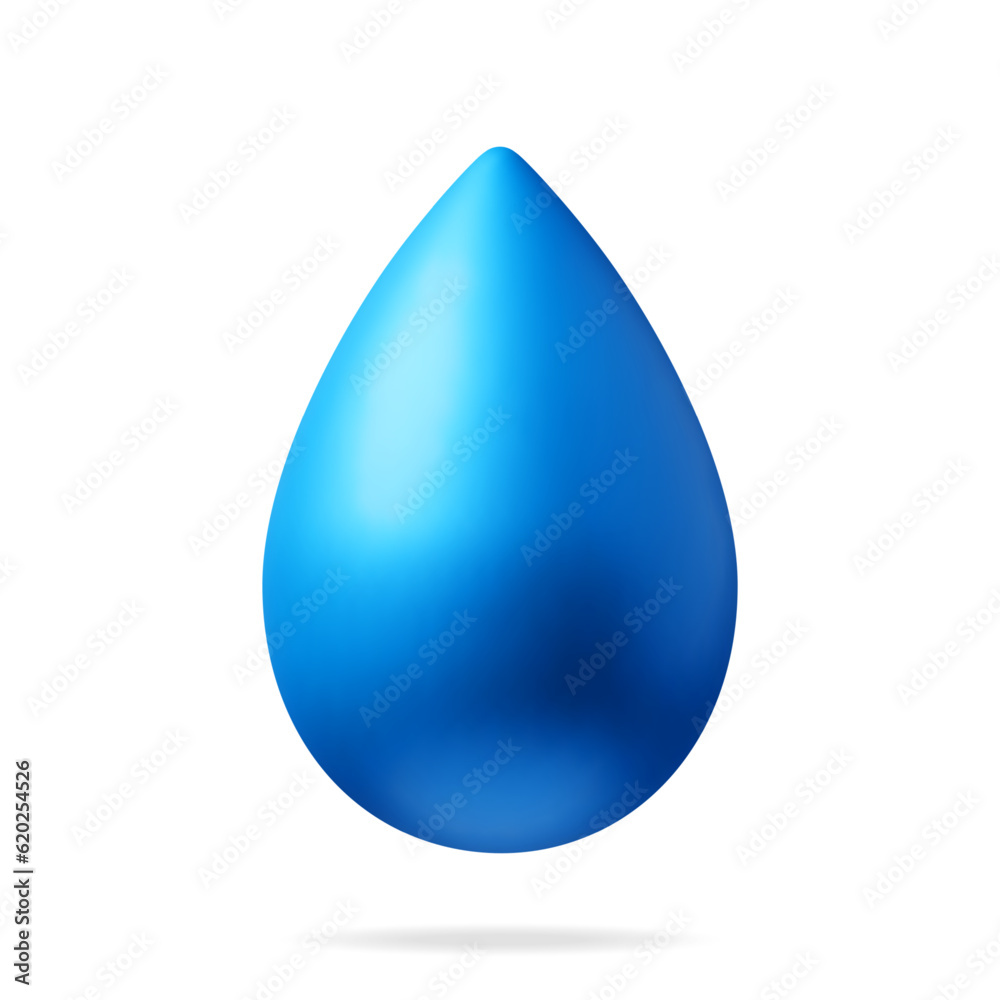 3D Blue Water Drop Icon Isolated on White. Render Realistic Water Splash. Liquid Aqua Raindrop Symbol. Save Water, Ecology, Eco Concept. Cartoon Vector Illustration