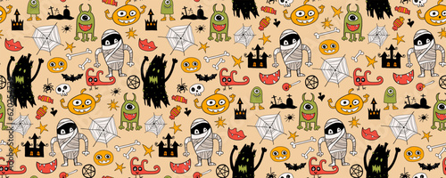 Vector artwork background with holiday symbols of the day of the dead. Halloween seamless pattern. Cute autumn design. Scary horror sketch art. Magic wallpaper illustration with ghost and pumpkin