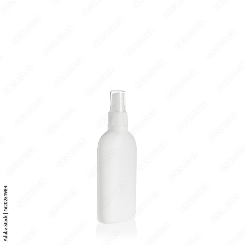 White elliptical medium PEHD bottle container with spray pump on white background. Packaging of antiseptic. Template of a bottle for cosmetics and medical products. White elliptical medium PEHD bottle container with spray pump on white background. Packaging of antiseptic. Template of a bottle for cosmetics and medical products.