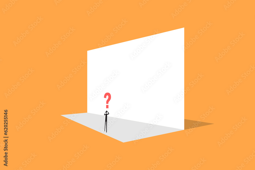 Confusing businessman blocked wall. Business decision making, career path, work direction or choose the right way to success Confusing businessman blocked wall. Business decision making, career path, work direction or choose the right way to success
