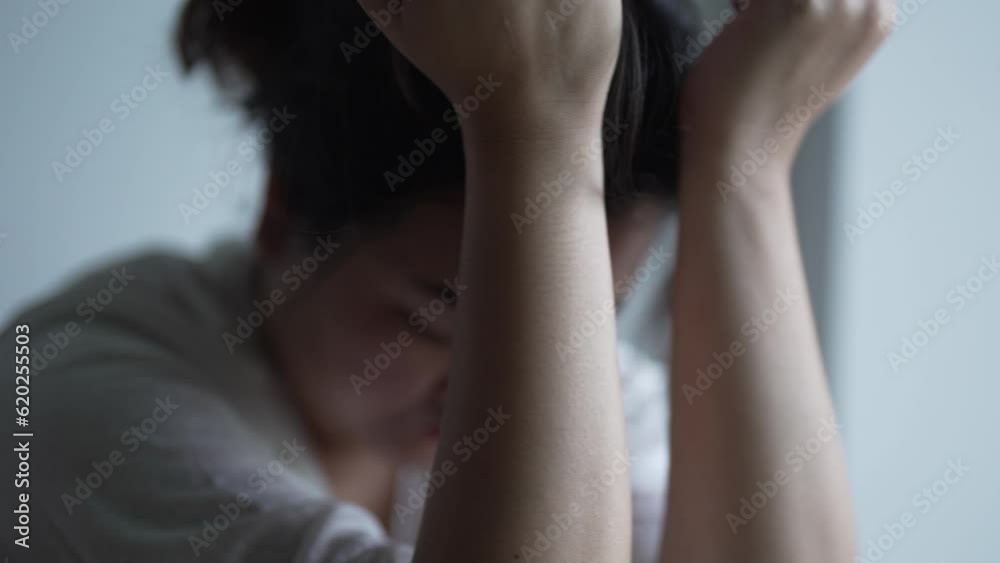 Depression asian woman Sad pensive mental health concept. Self isolation.