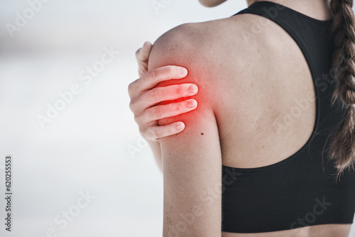 Woman, shoulder pain and exercise injury, red overlay and workout outdoor, fibromyalgia and back muscle tension. Arthritis, arm ache and inflammation, female athlete and medical problem with fitness photo