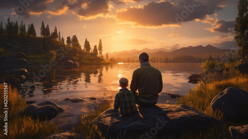 father and his son at a lake at sunset. back view. spending time together, family. Generative AI