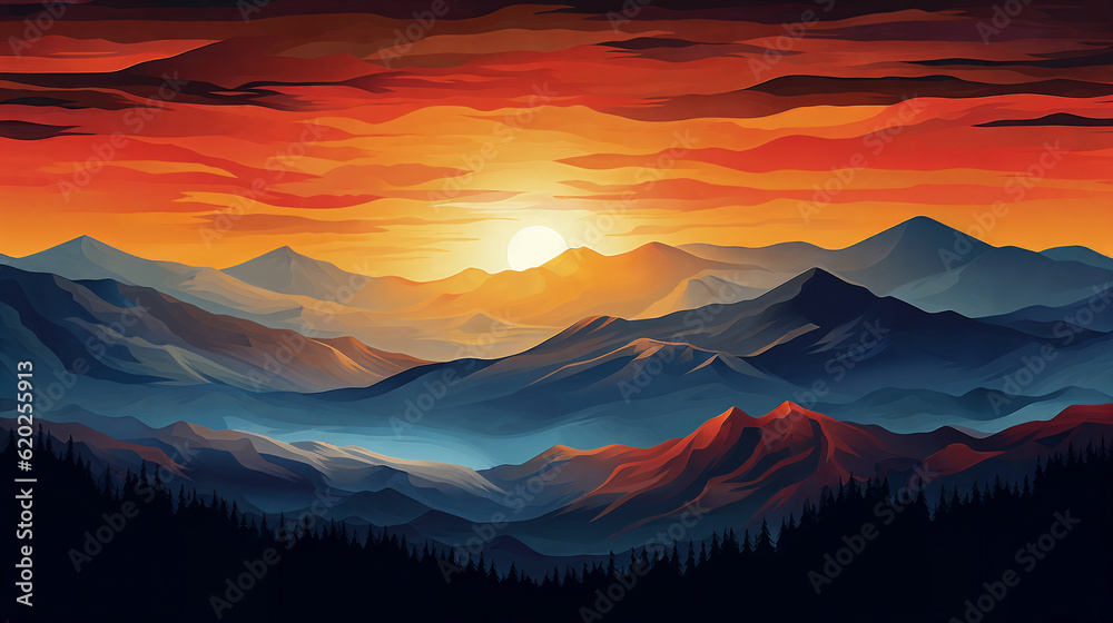Sunset over the mountains ,panorama . AI Generative