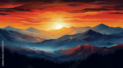Sunset over the mountains ,panorama . AI Generative © Olga Khoroshunova