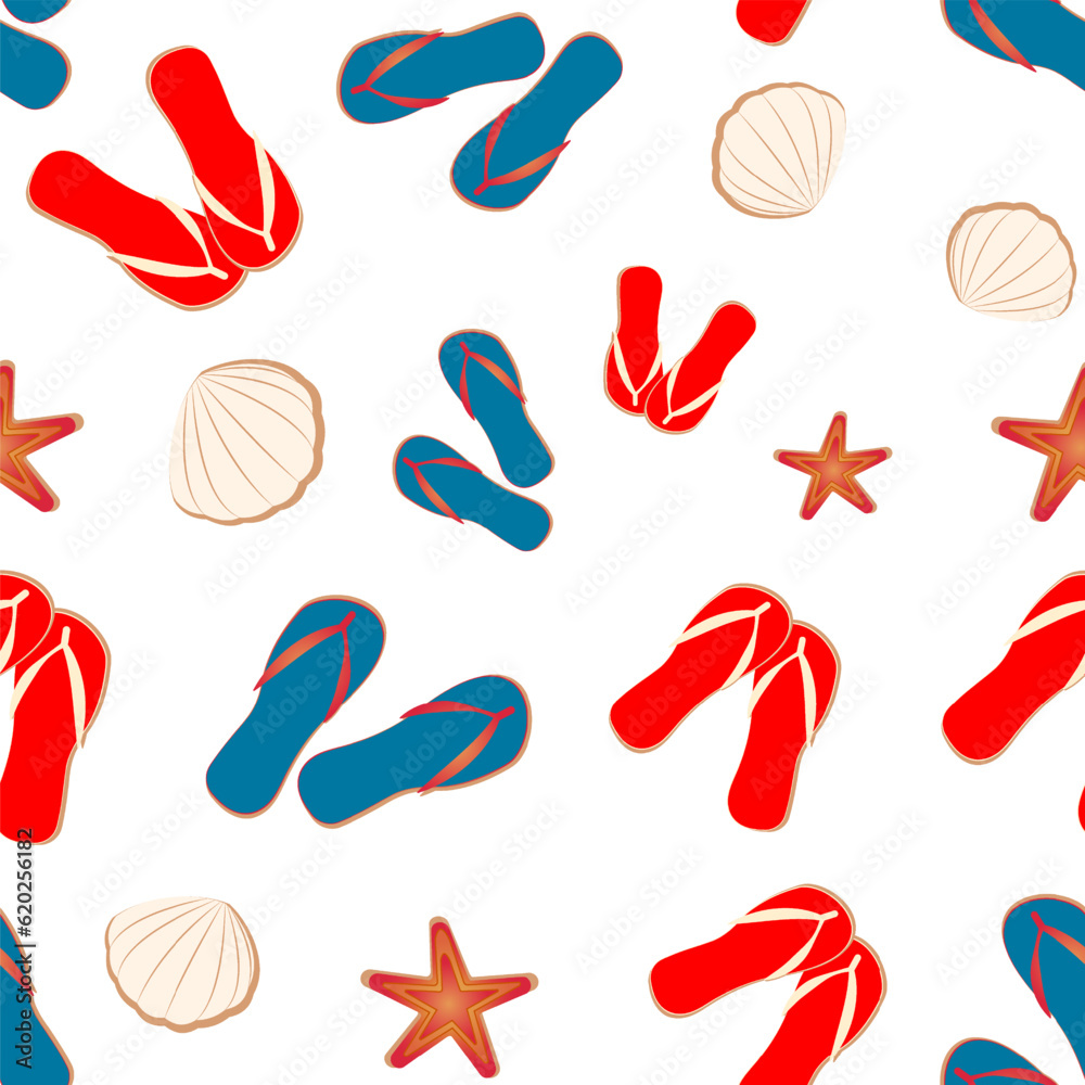 Vector seamless pattern on the theme of the beach, flip flops, shells, and starfish. Summer motifs on a white and transparent background. For textiles, prints, clothing, scrapbooking, banner