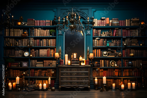 vintage studio photo backdrop with shelves full of books and candles