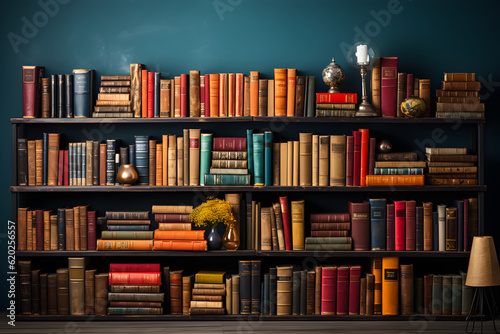 studio photo backdrop with shelves full of classic books